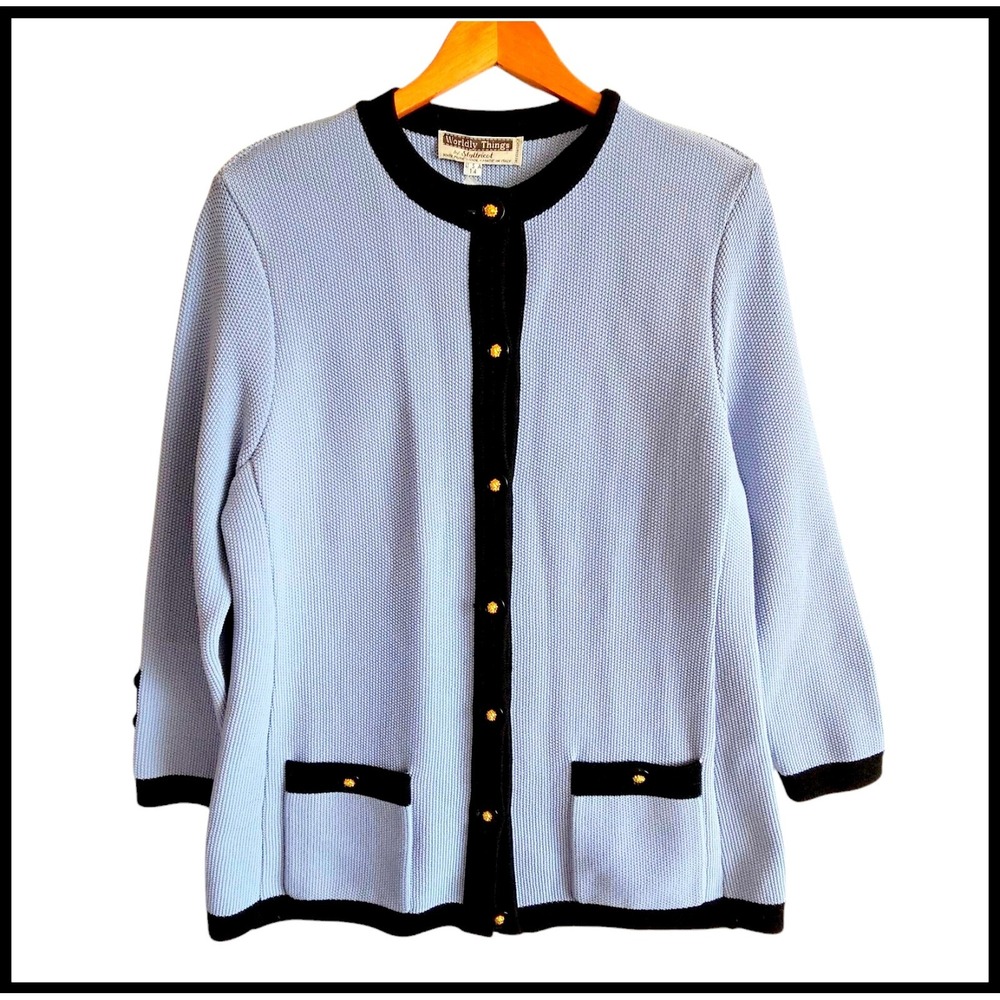 Worldly Things Wool Cardigan Coat Button Front Knit Trim Blue Black Size 14 NWT